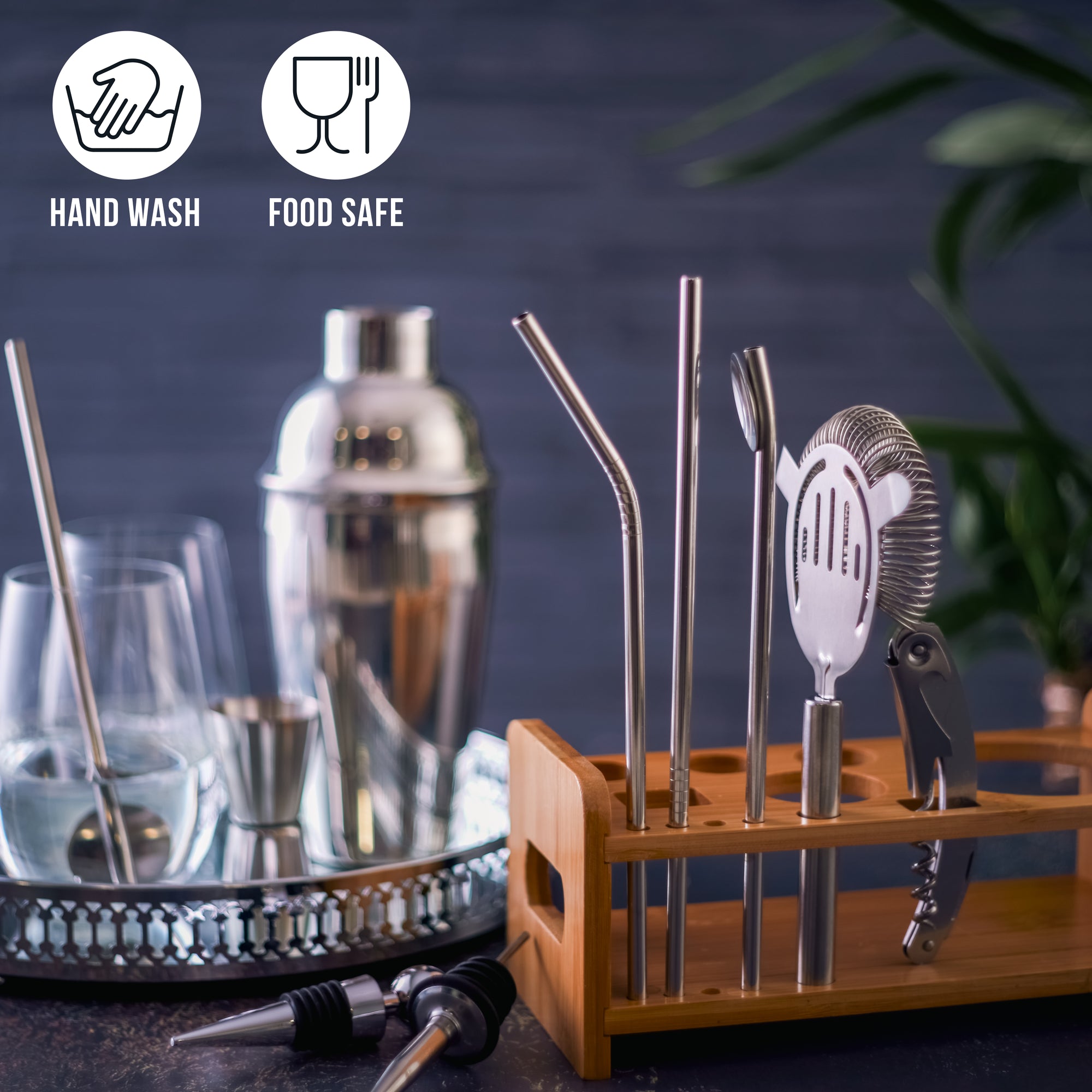 Stainless Steel Silver Cocktail Set with Stand