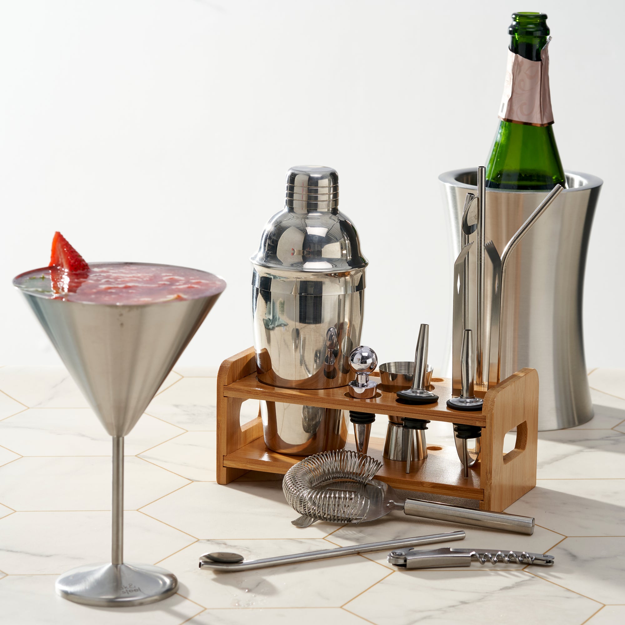 Stainless Steel Silver Cocktail Set with Stand