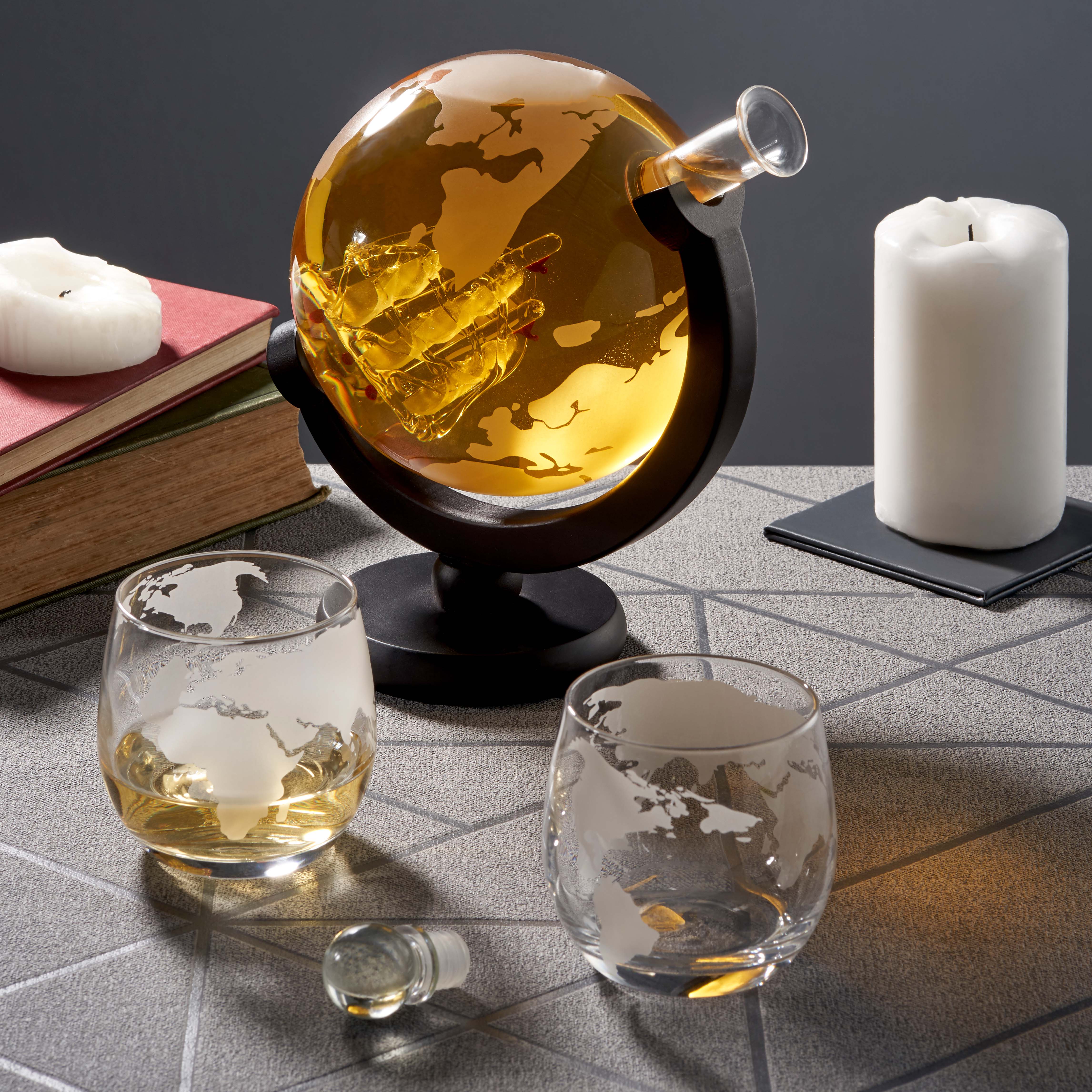 Glass Globe Whiskey Decanter Set Oak & Steel