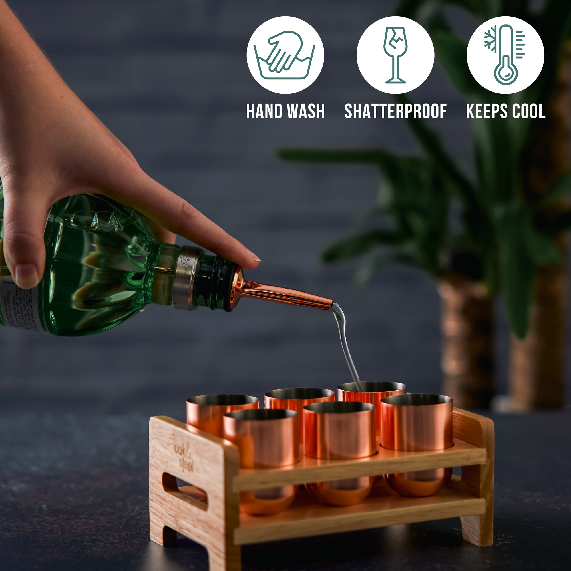 Stainless Steel Rose Gold Shot Glasses with Wooden Tray
