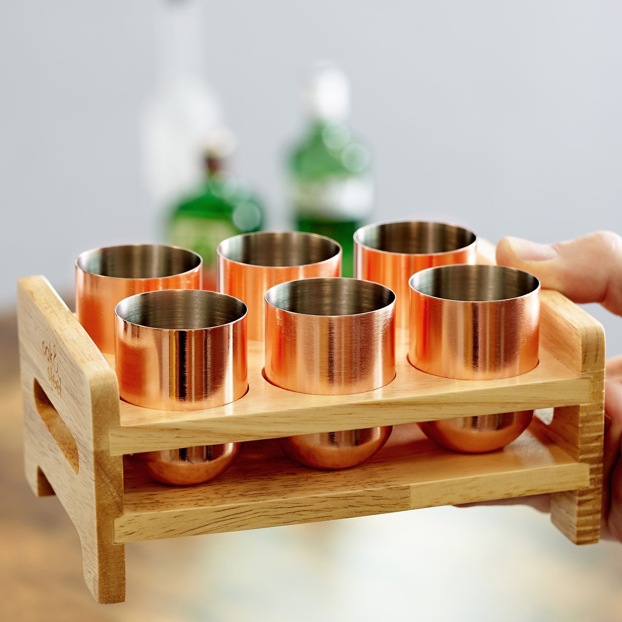 Stainless Steel Rose Gold Shot Glasses with Wooden Tray