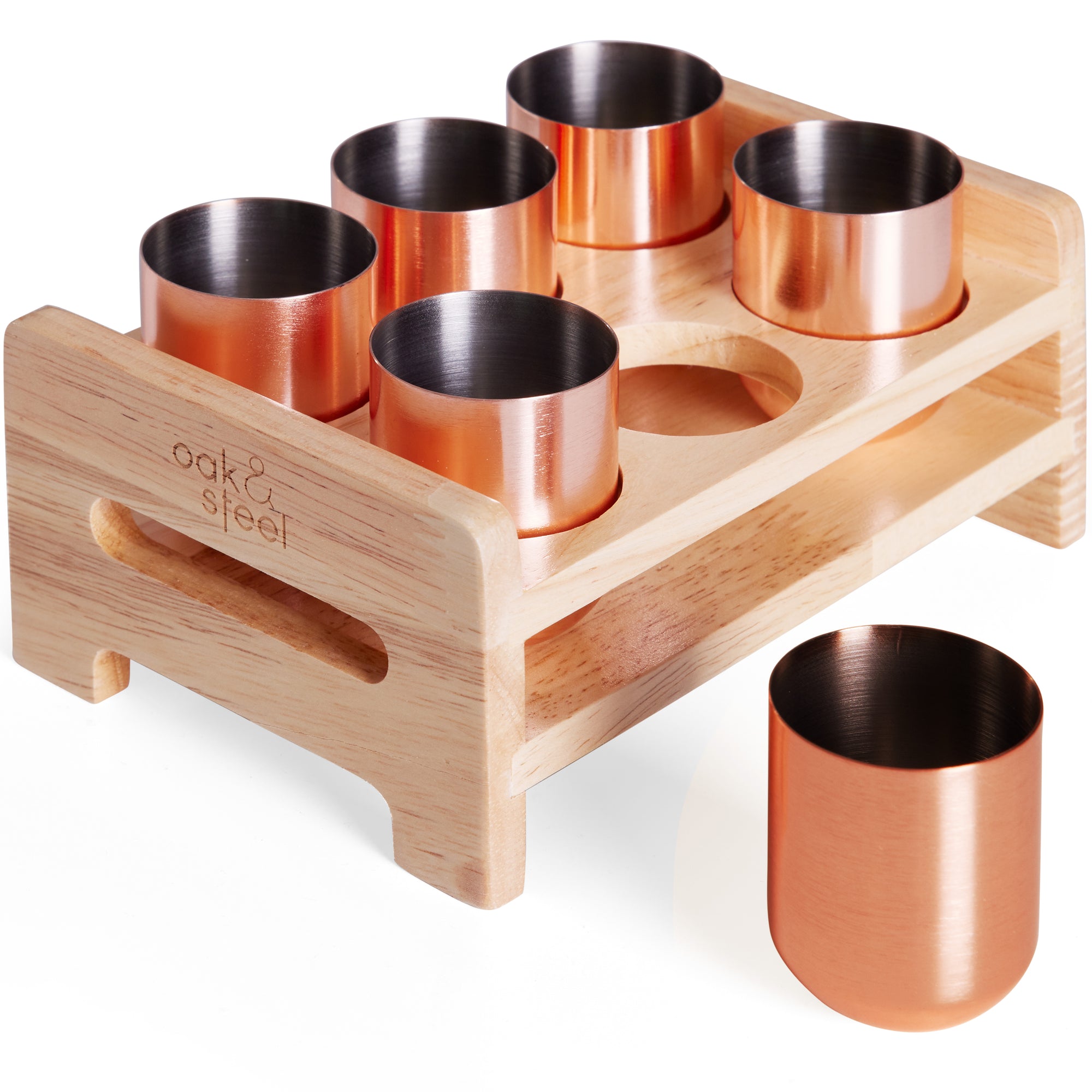 Stainless Steel Rose Gold Shot Glasses with Wooden Tray