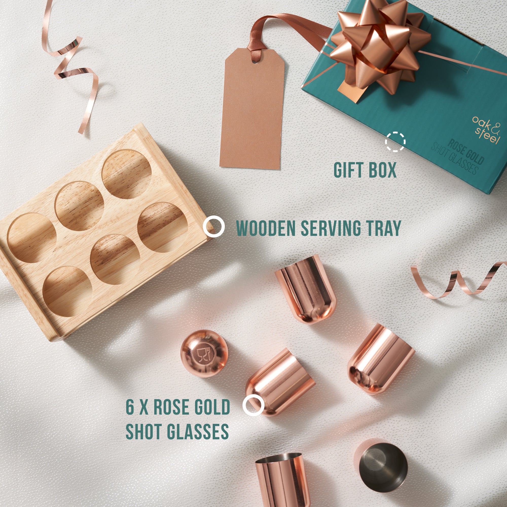 Stainless Steel Rose Gold Shot Glasses with Wooden Tray