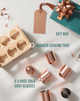 Stainless Steel Rose Gold Shot Glasses with Wooden Tray
