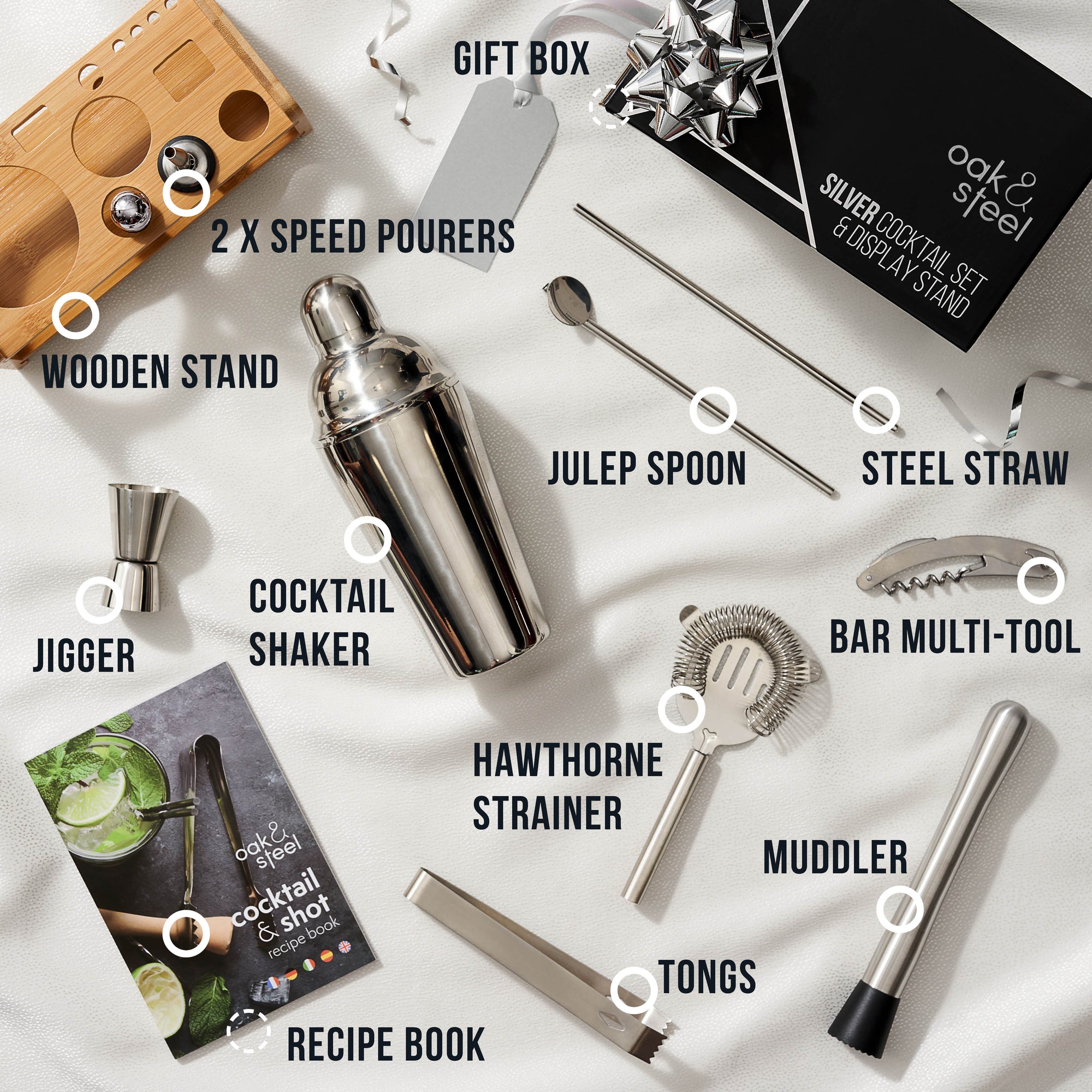 Stainless Steel Silver Cocktail Set with Stand