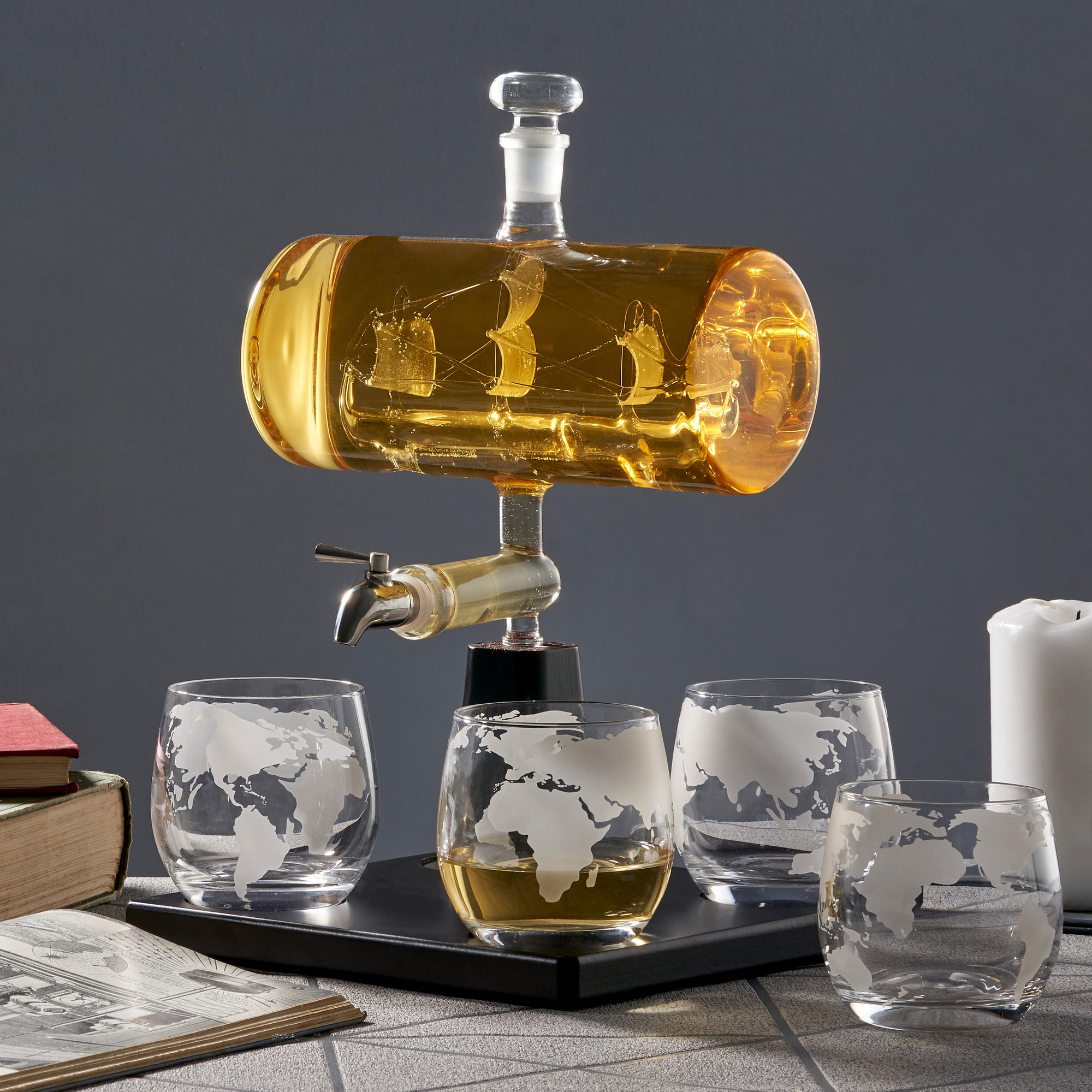 Glass Ship Whiskey Decanter Set