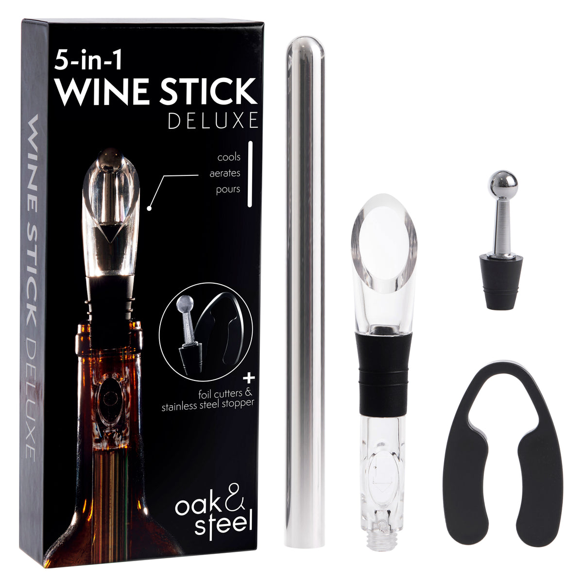 Wine Accessory 5-in-1 Deluxe Stainless Steel Wine Accessory Gift Set – Oak & Steel