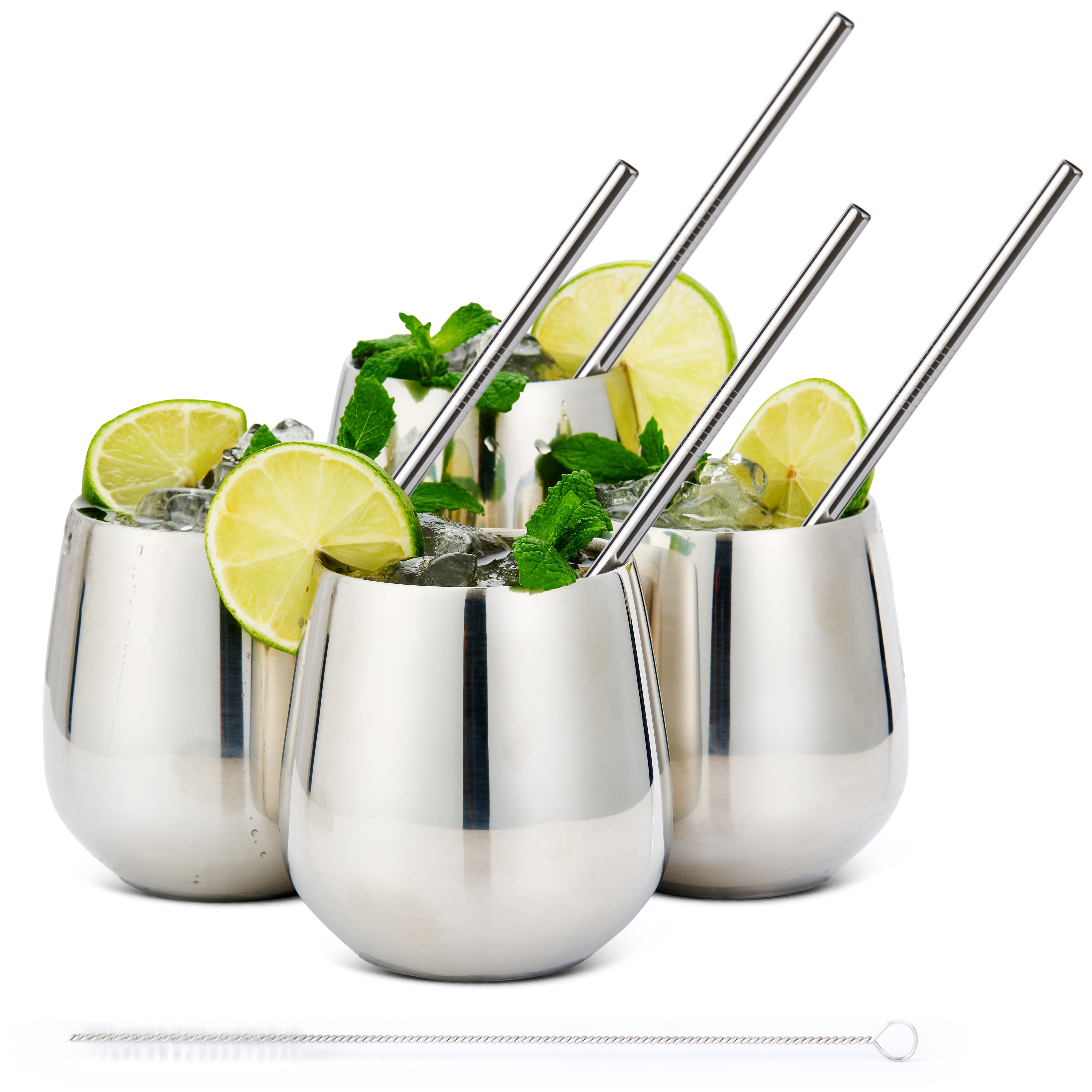 4 Silver Stainless Steel Tumblers with Straws