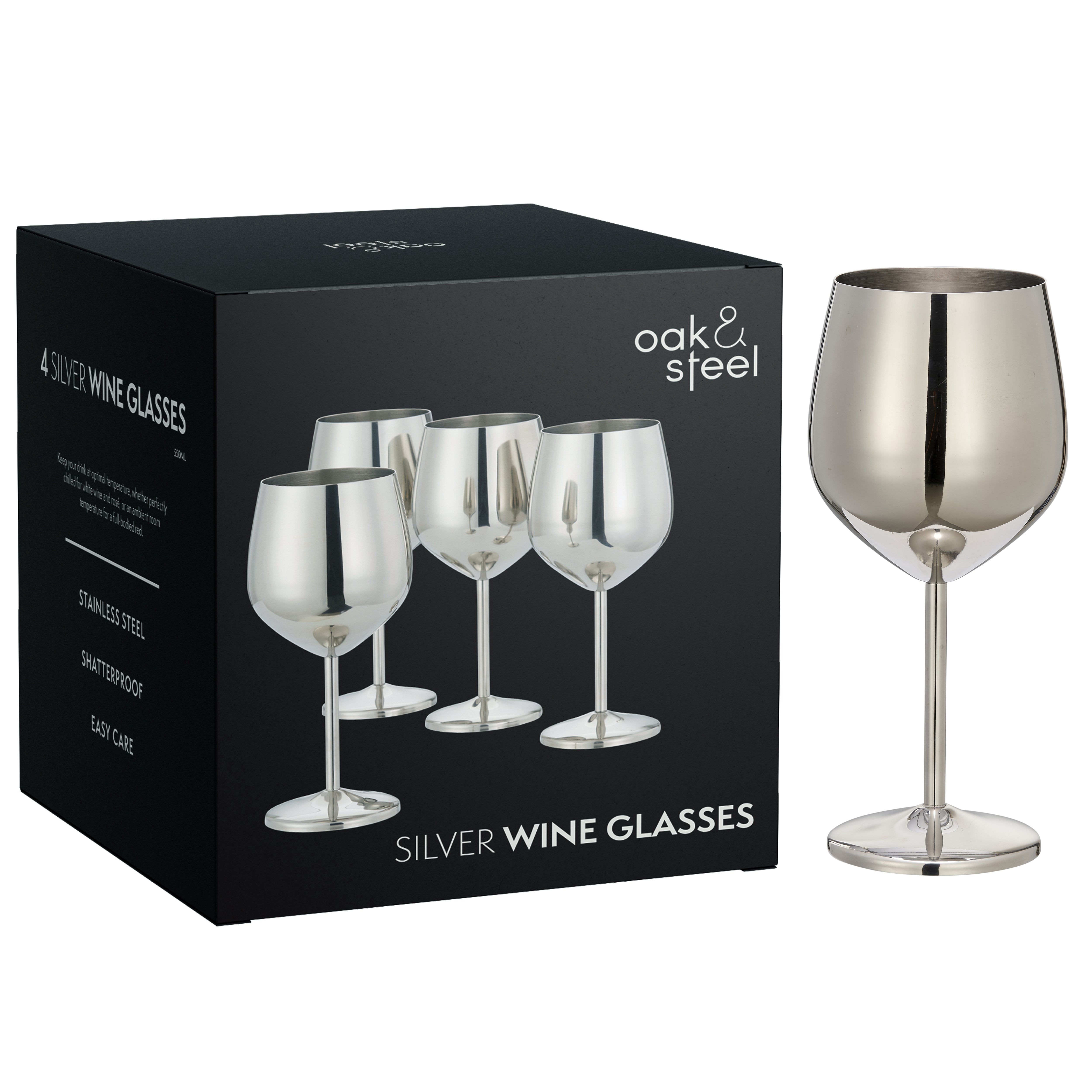 4 Silver Stainless Steel Wine Glasses – Oak & Steel