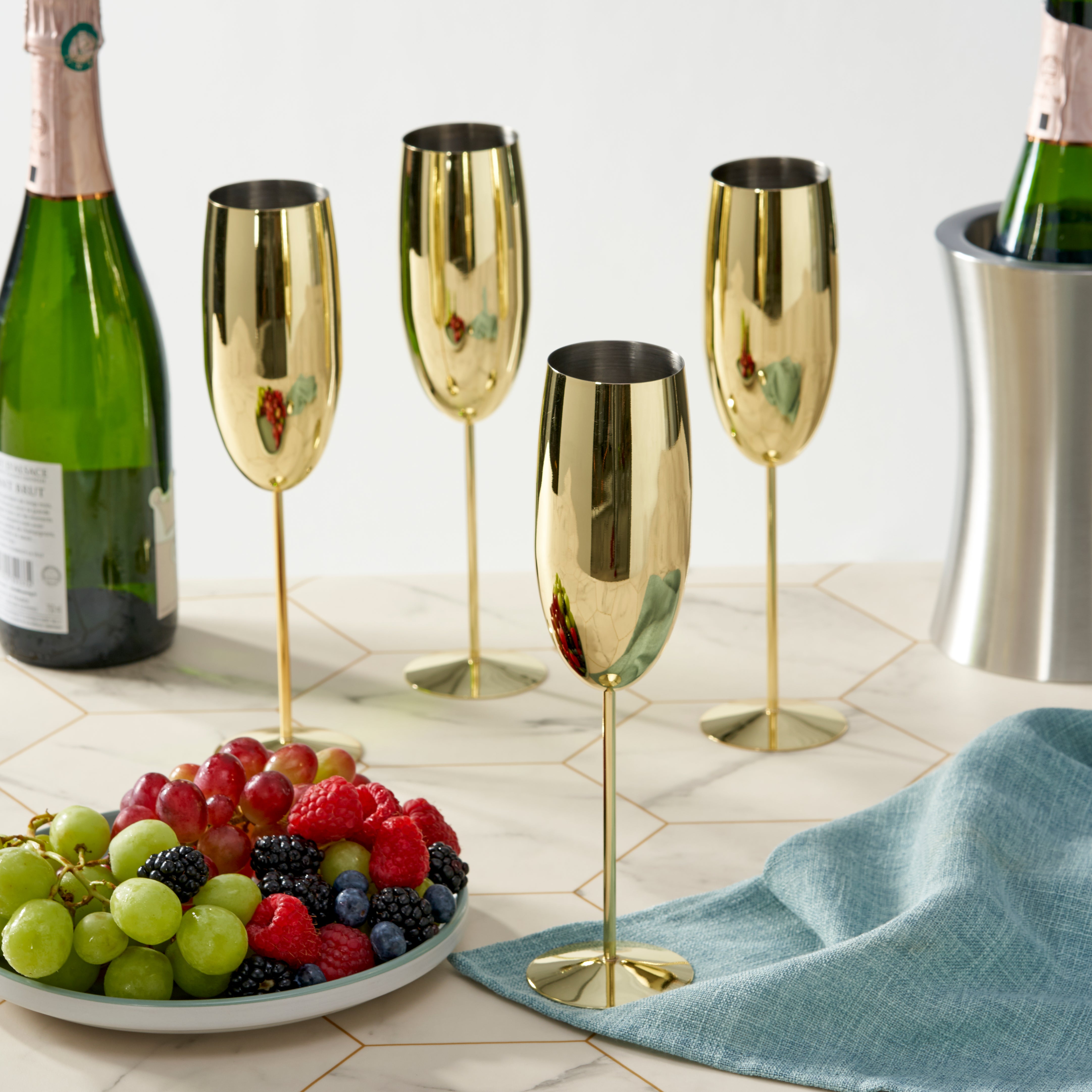 4 Gold Stainless Steel Champagne Flutes