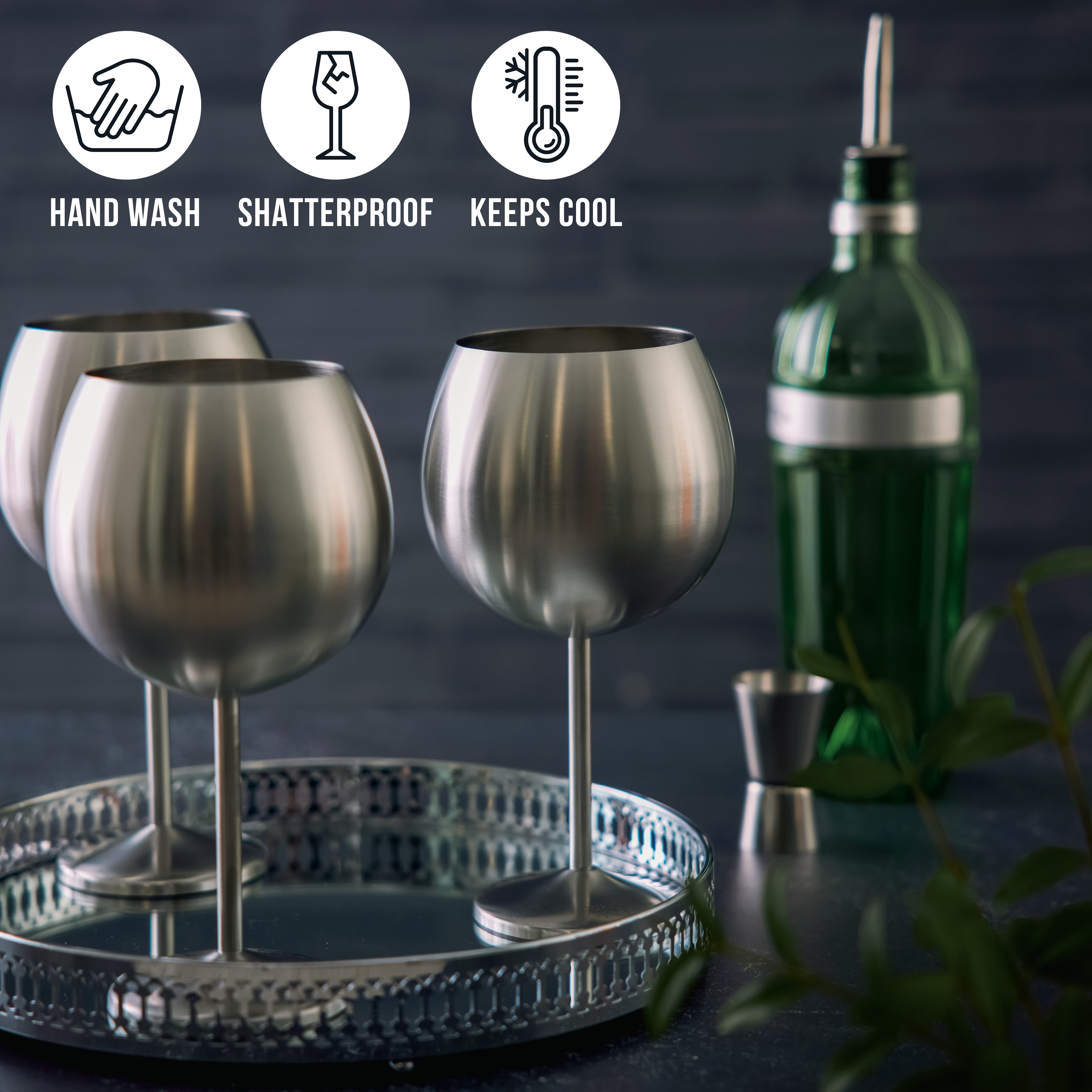 4 Matte Silver Stainless Steel Gin Glasses