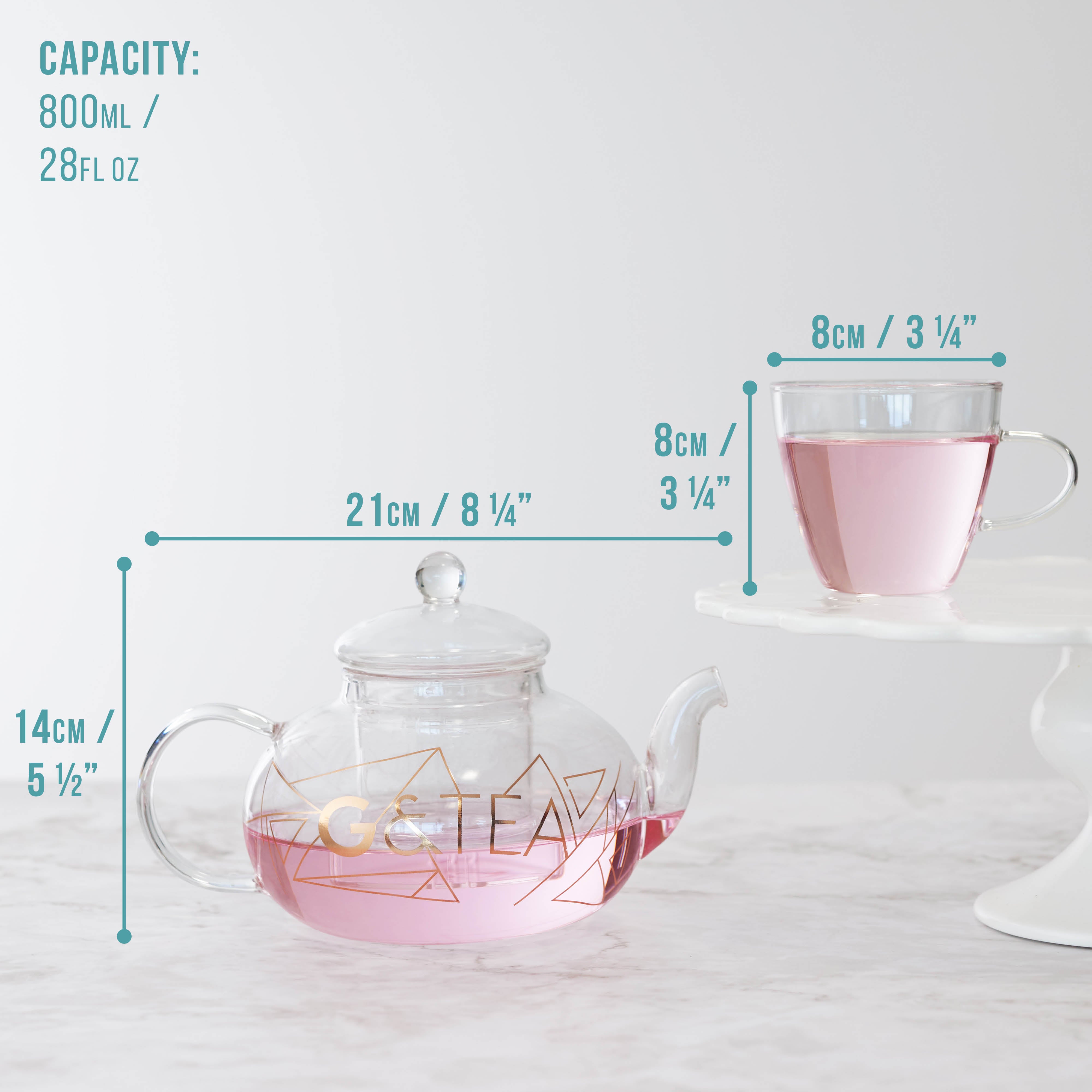 Glass Gin Teapot & Infuser Set with 4 Glass Tea Cups – Oak & Steel
