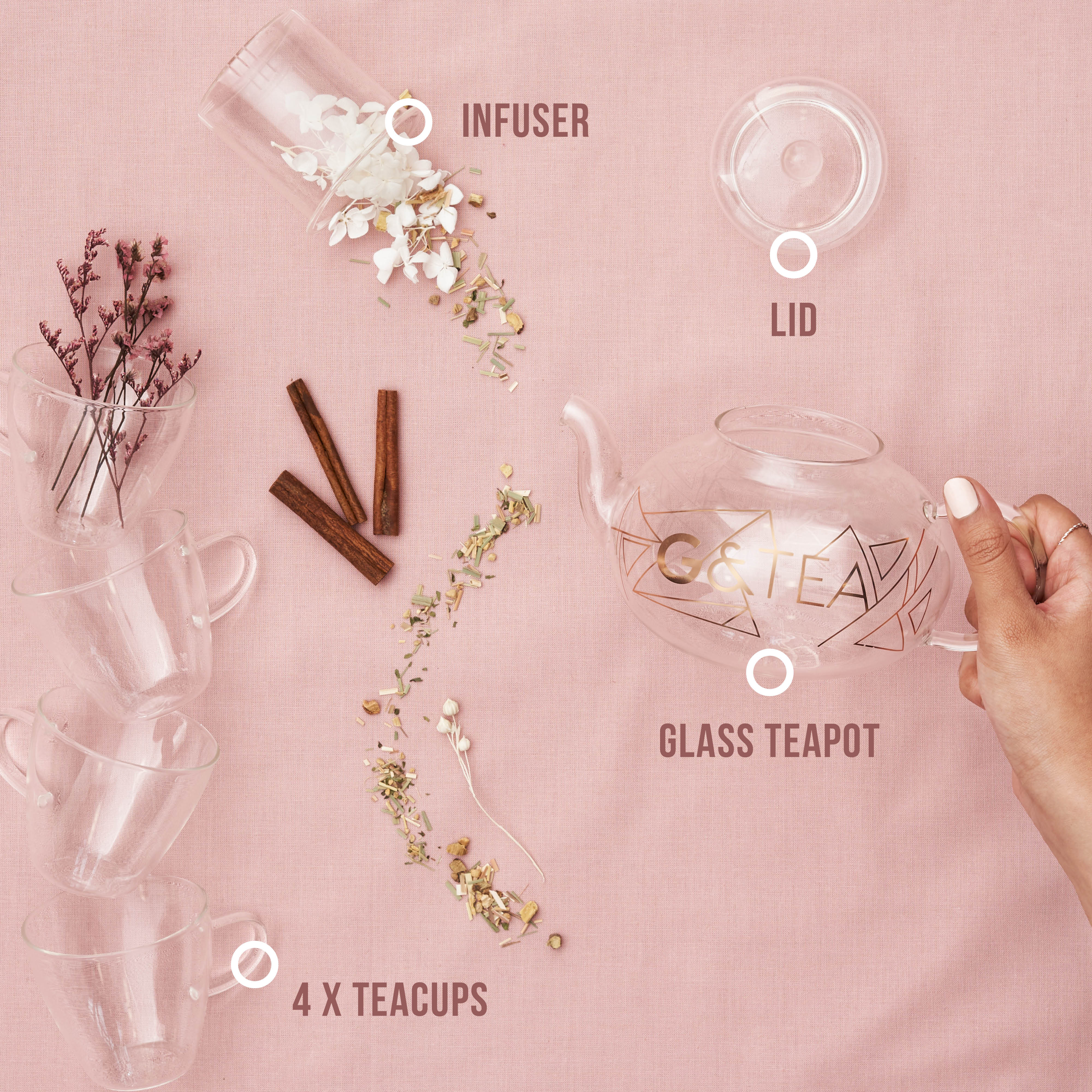 Glass Gin Teapot & Infuser Set with 4 Glass Tea Cups Oak & Steel