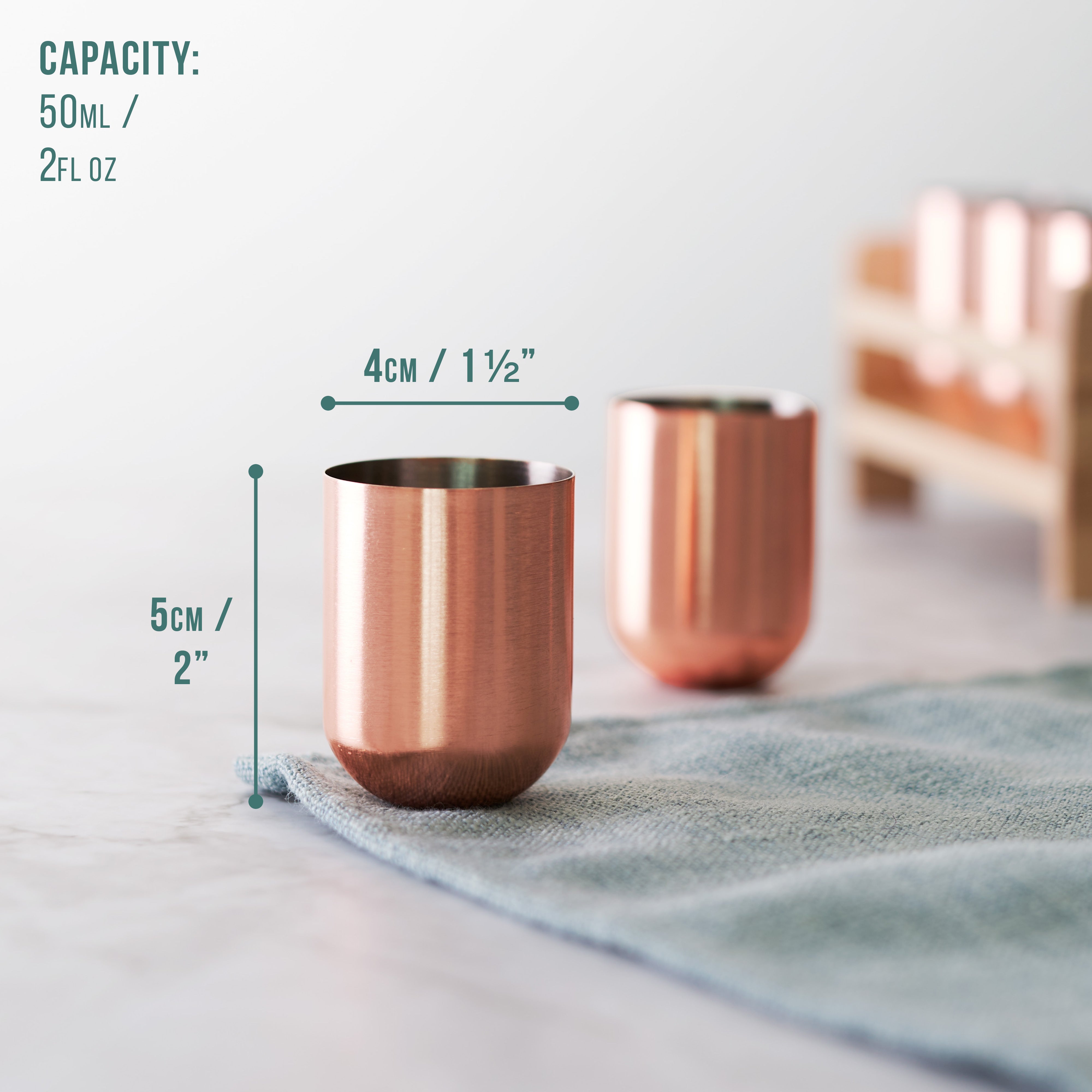 6 Rose Gold Stainless Steel Shot Glasses with Wooden Tray