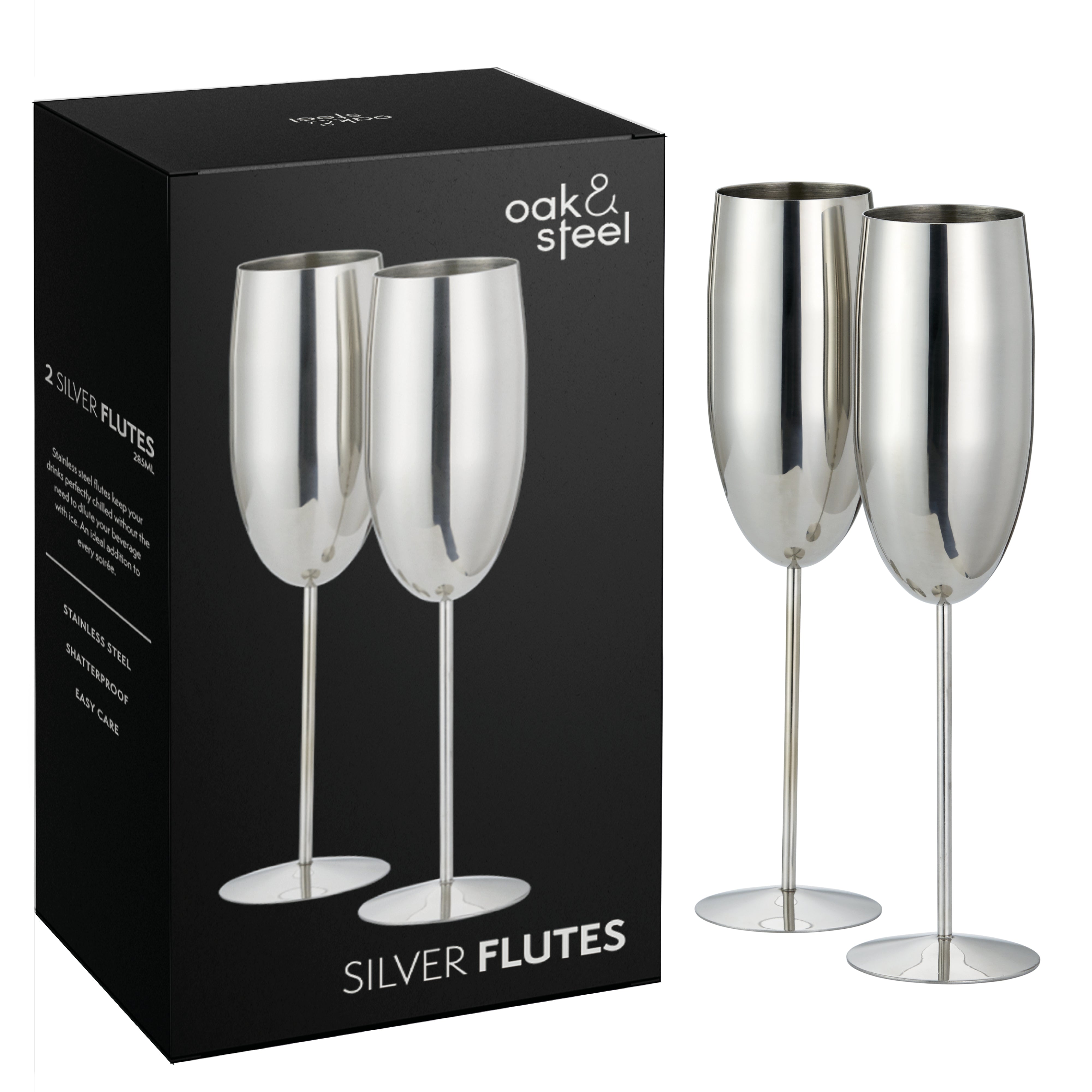 2 Silver Stainless Steel Champagne Flutes