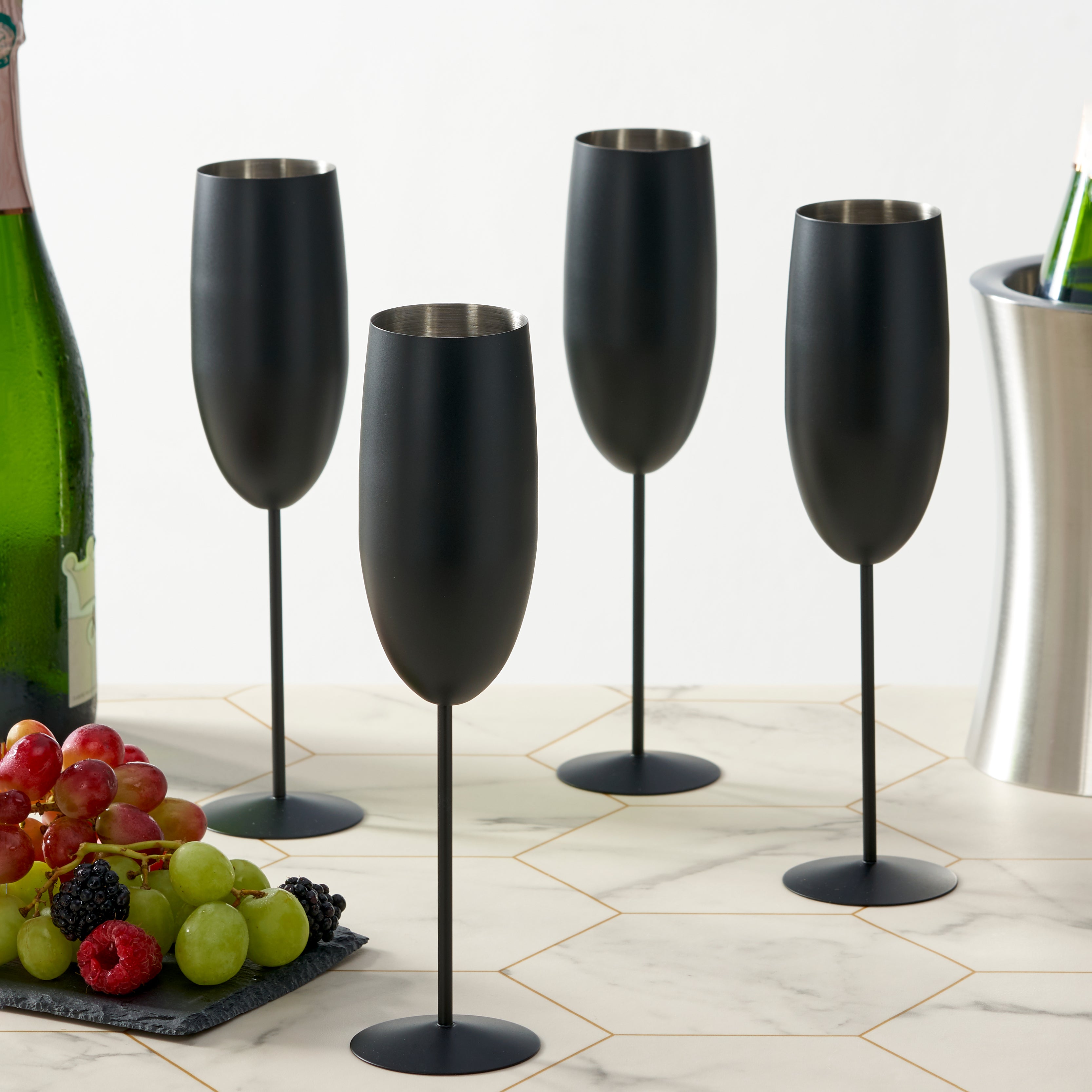 4 Matte Black Stainless Steel Champagne Flutes